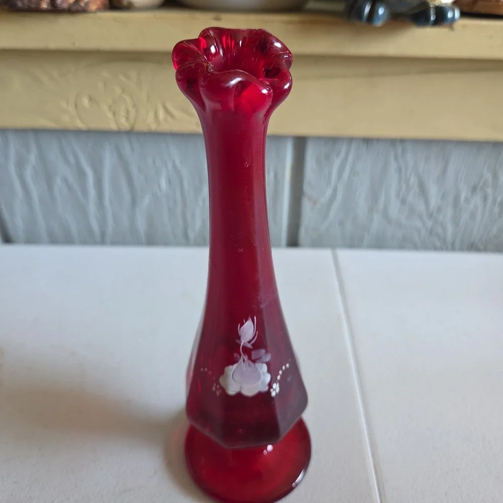 Fenton Ruby Red Swung Bud Crimped Glass Vase Hand-Painted Floral Artist Signed